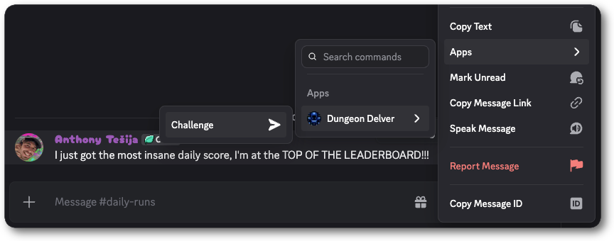 Screenshot of Discord showing the message context menu, and the applications submenu.