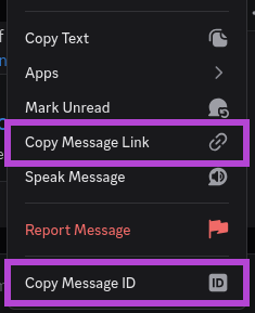 Screenshot of the Discord message context menu, with "Copy Message Link" and "Copy Message ID" options highlighted.