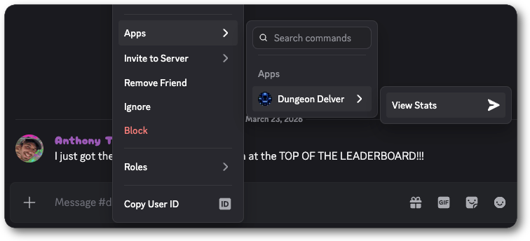 Screenshot of Discord showing the user context menu, and the applications submenu.